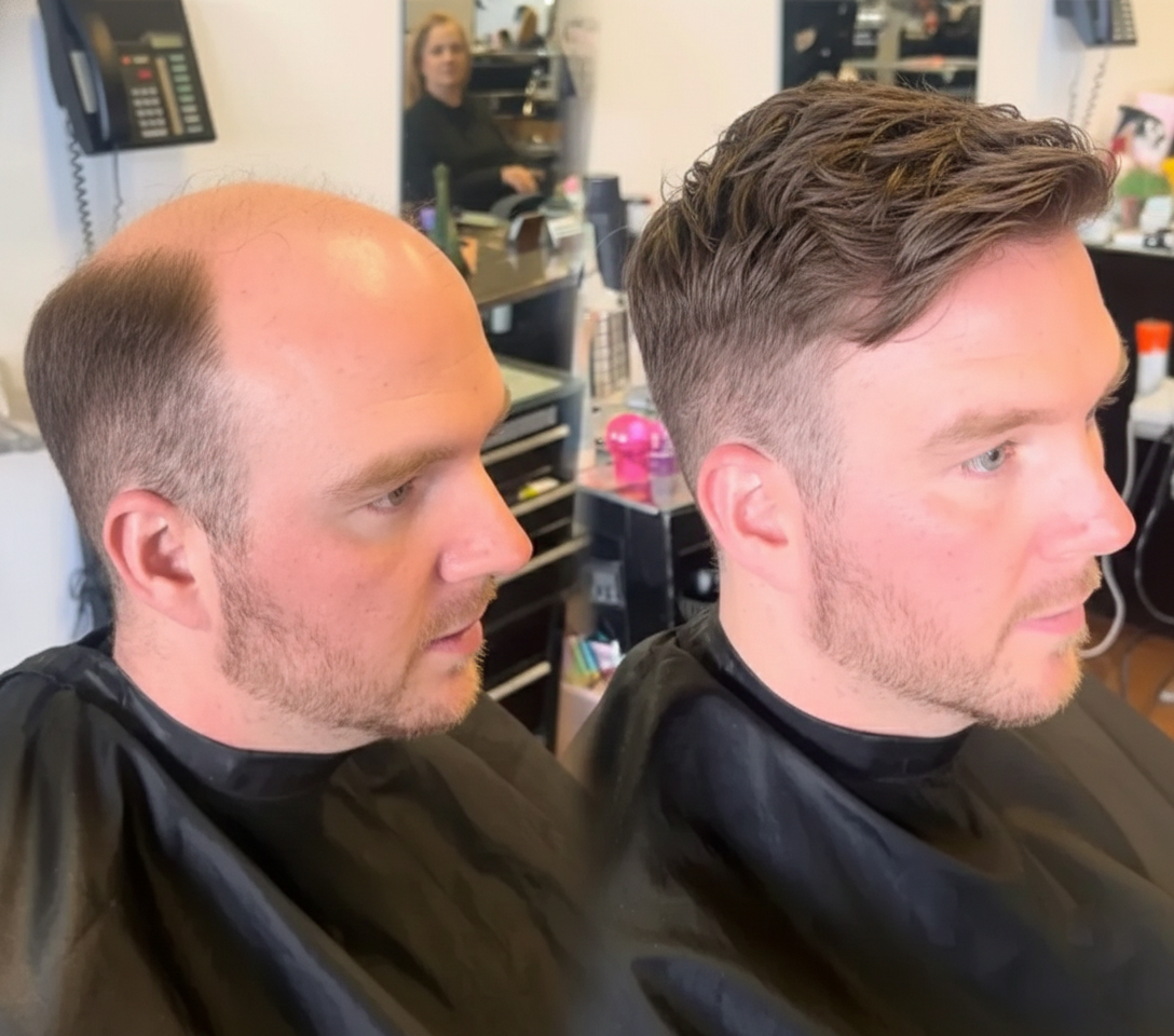 Men's non-surgical hair replacement before-and-after result